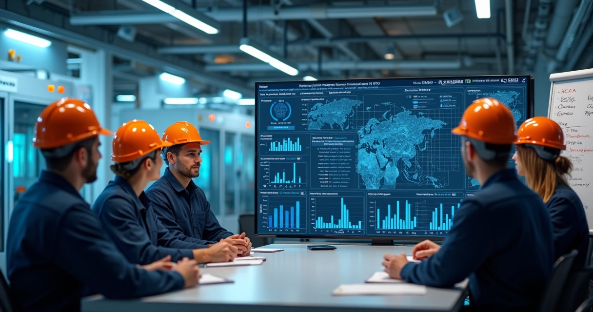 Equipe de manutenção e operações avaliam dados em painel digital numa fábrica 