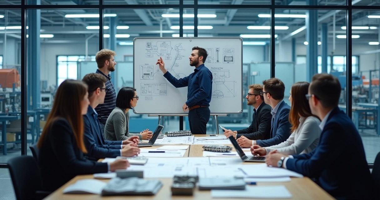 Equipe discutindo estratégias em sala com quadros e materiais industriais 