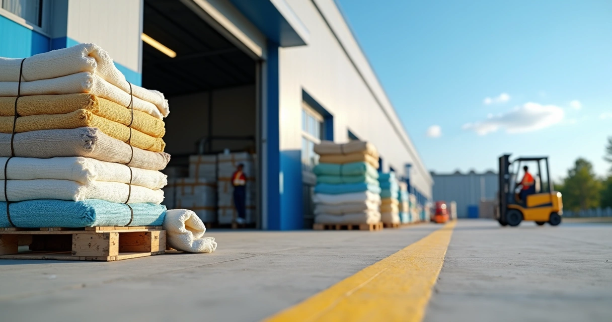 Fachada de indústria com fardos de sacos de ráfia coloridos empilhados ao ar livre 