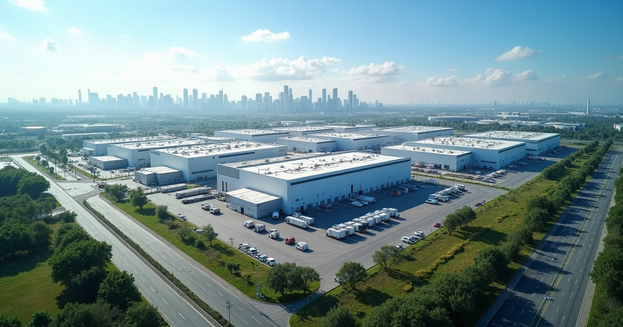 Vista aérea de parque industrial com fábricas, galpões e caminhões em São José dos Pinhais