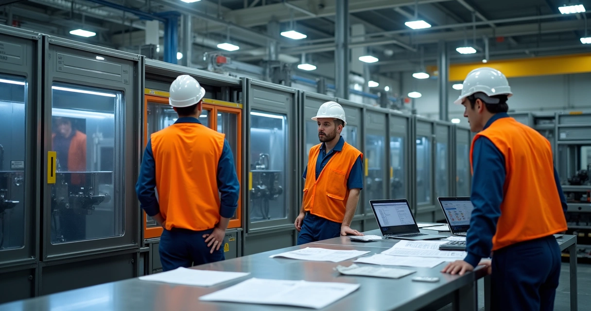 Equipes técnicas analisando máquinas industriais protegidas por dispositivos modernos 