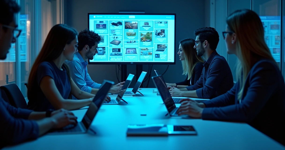 Equipe analisando layout de site industrial em monitores 
