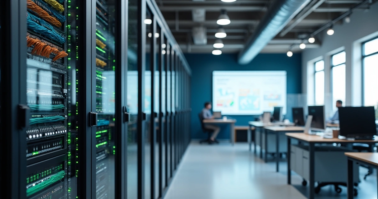 Servidor, cabos e monitor com tela de site seguro e rápido 