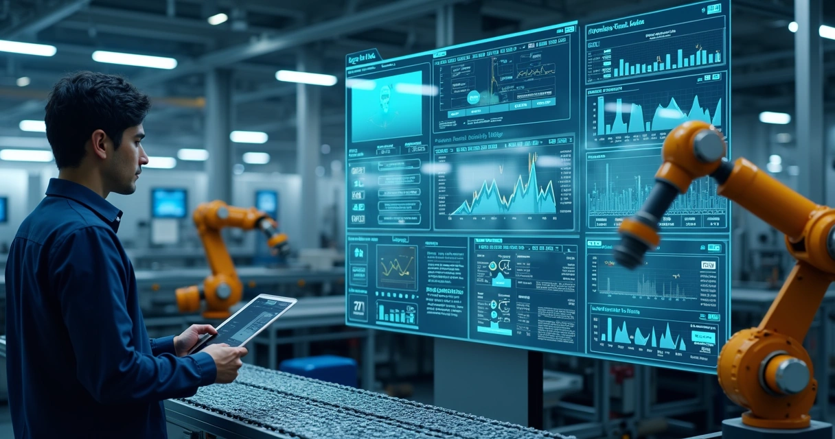 Operário monitora painel digital em indústria automatizada 