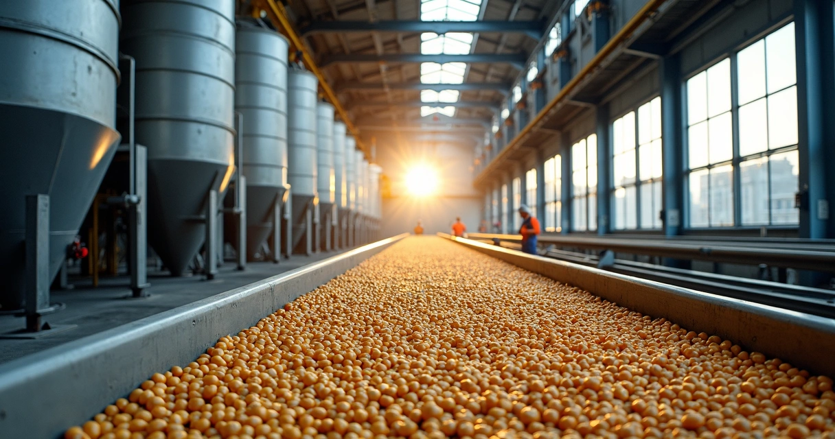 Indústria de moagem de soja com silos metálicos e esteiras transportadoras 