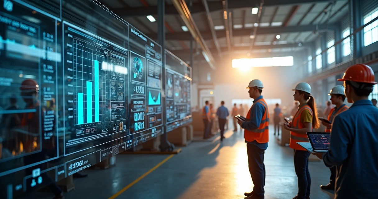 Fábrica de São Paulo com monitores digitais e equipes analisando dados 