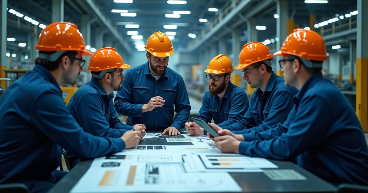 Equipe multidisciplinar reunida em ambiente industrial 