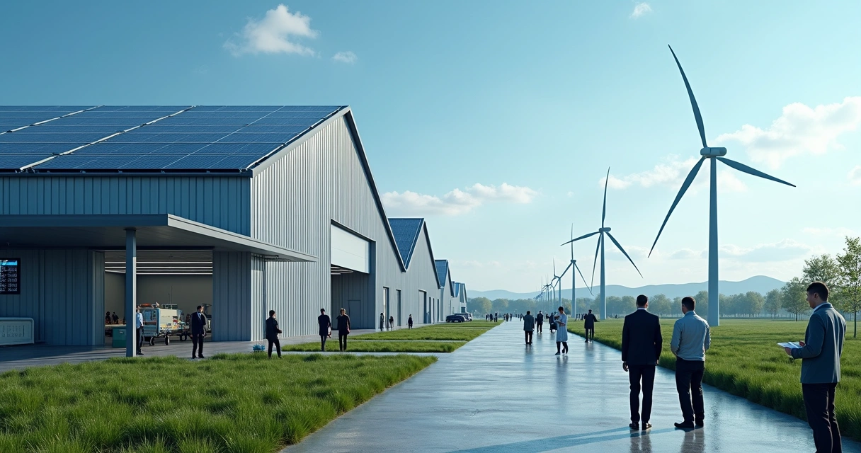 Fábrica moderna com painéis solares e turbinas, destaque para conformidade ESG 