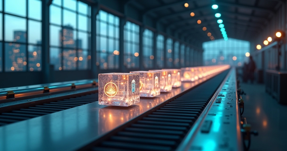 Linha de produção industrial transformando dados em pagamentos digitais 