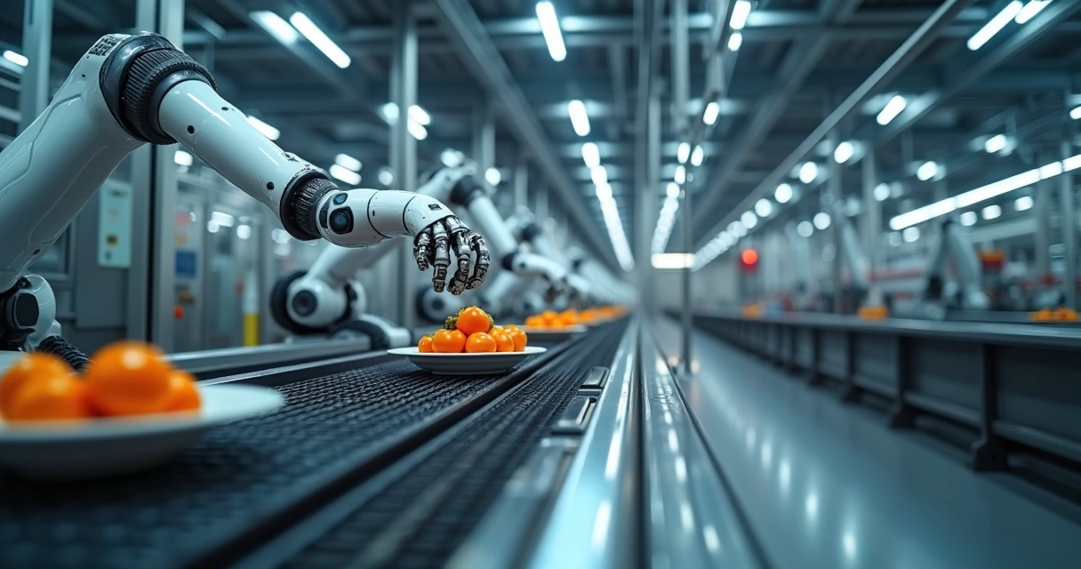 Linha de produção moderna com máquinas automatizadas e operadores monitorando painéis digitais 