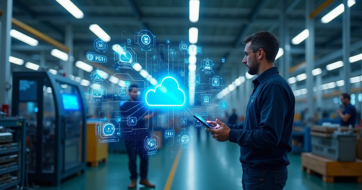 Funcionário opera painel digital em fábrica com gráficos na nuvem ao fundo 