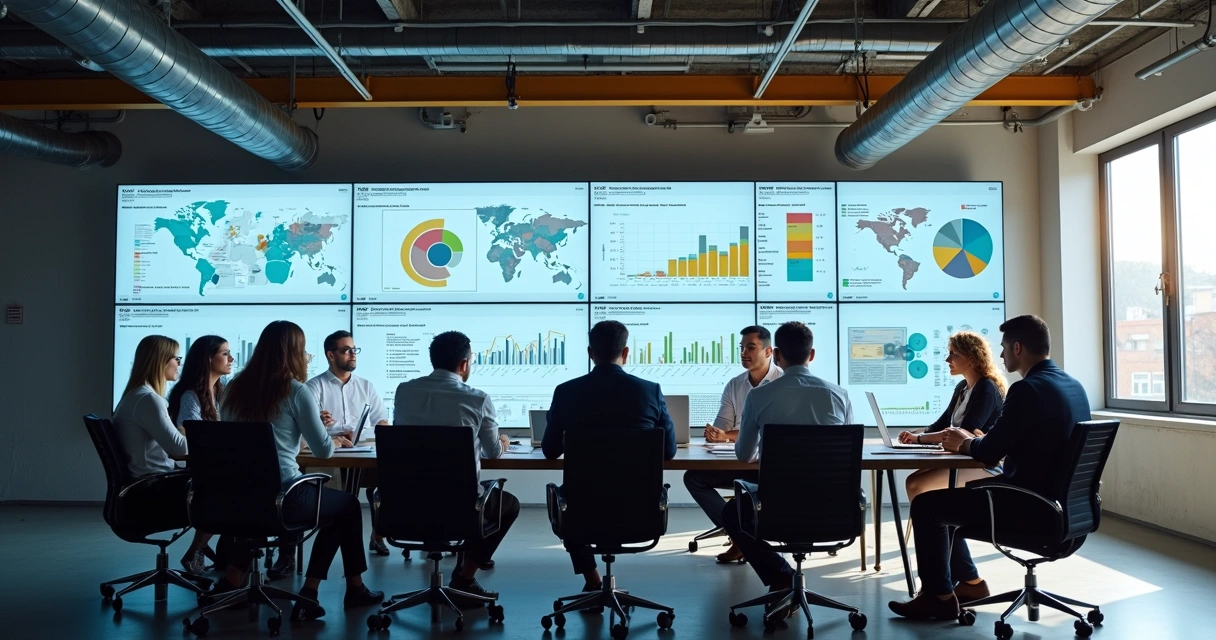 Equipe industrial em reunião analisando gráficos digitais 