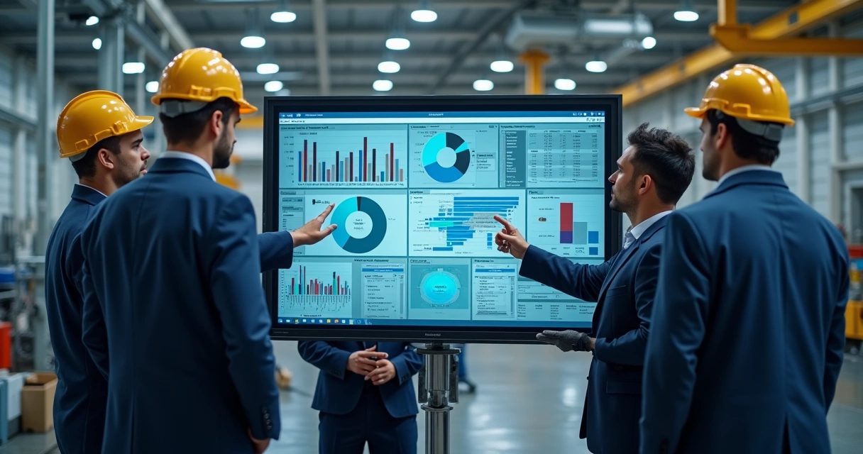 Profissionais testando plataforma digital de manutenção em ambiente industrial 
