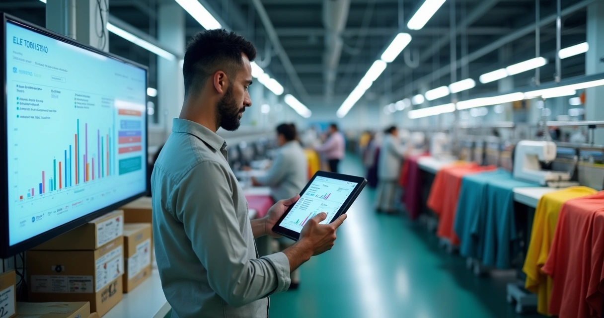 Gestor de confecção têxtil analisando painel de métricas em frente à linha de produção 