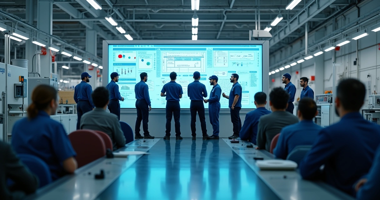 Linha de produção industrial com equipe consultando painel digital de gestão do conhecimento 