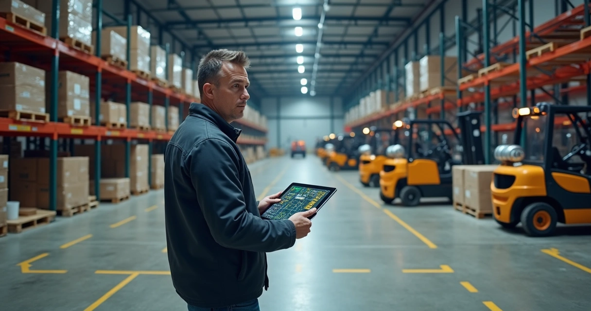 Galpão industrial com gateways e rastreamento de ativos 