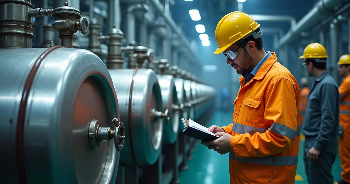 Técnicos inspecionando vaso de pressão em ambiente industrial 