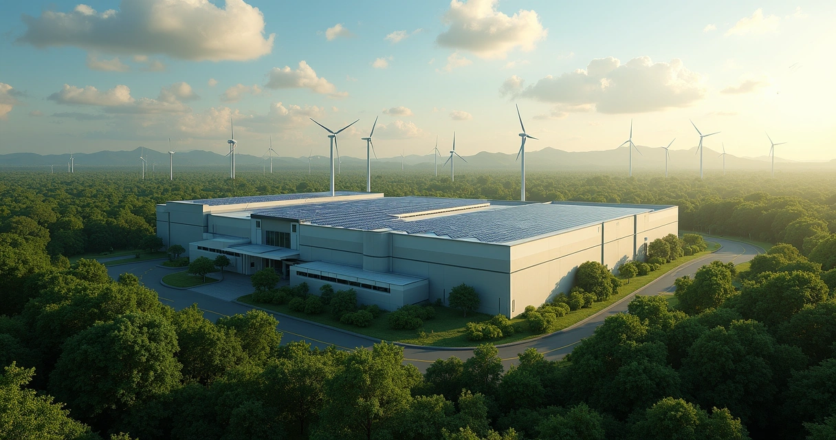 Indústria com painéis solares e turbinas ao redor com vegetação densa 