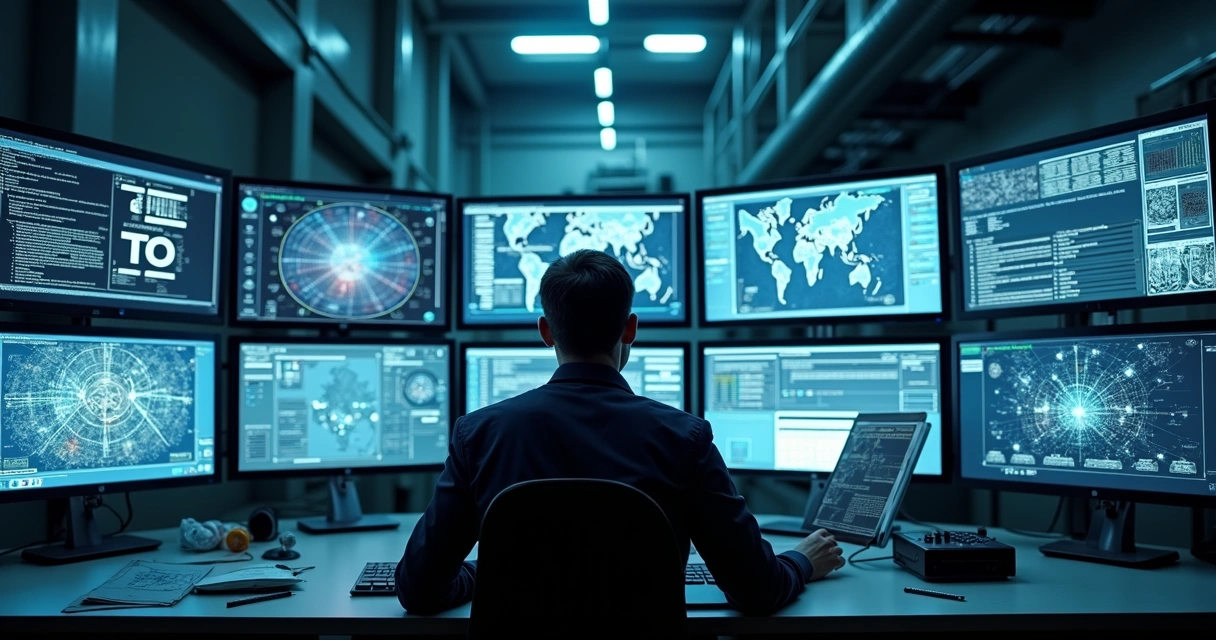 Industrial engineer analyzing AI system errors on multiple screens in a factory control room 