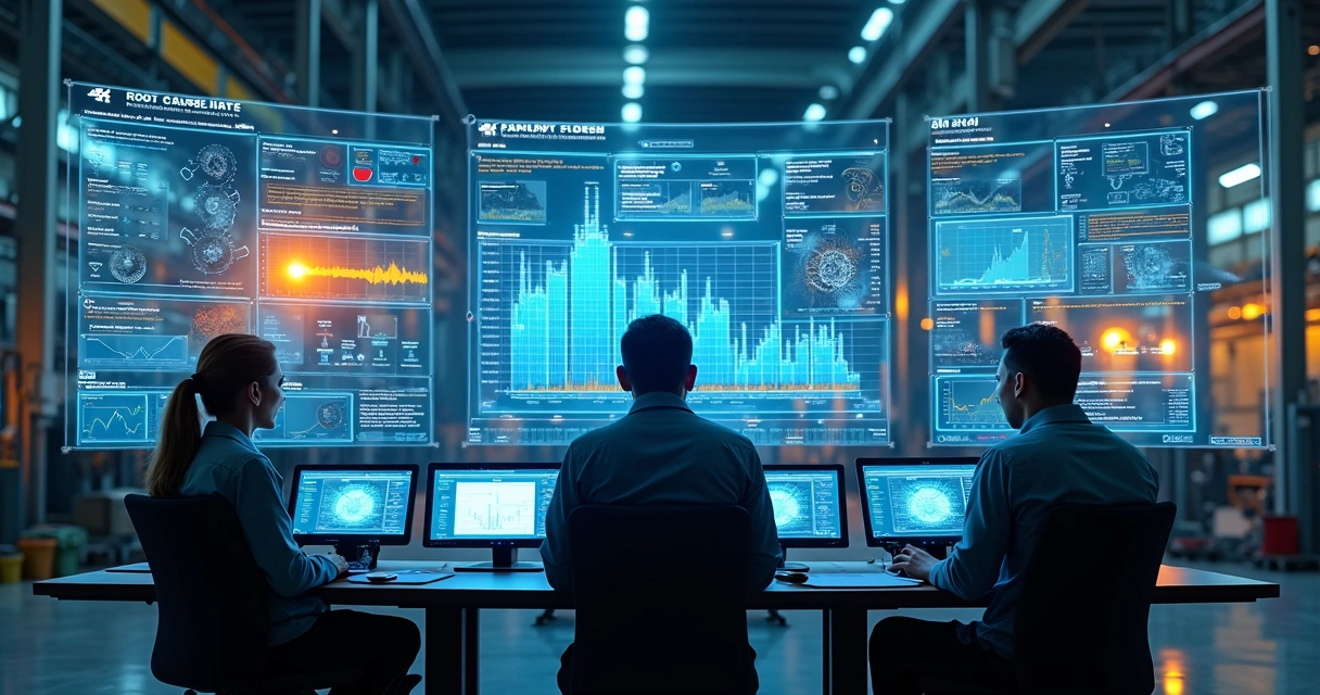 Industrial maintenance team analyzing AI-powered diagnostic data on transparent digital screens in a high-tech control room 