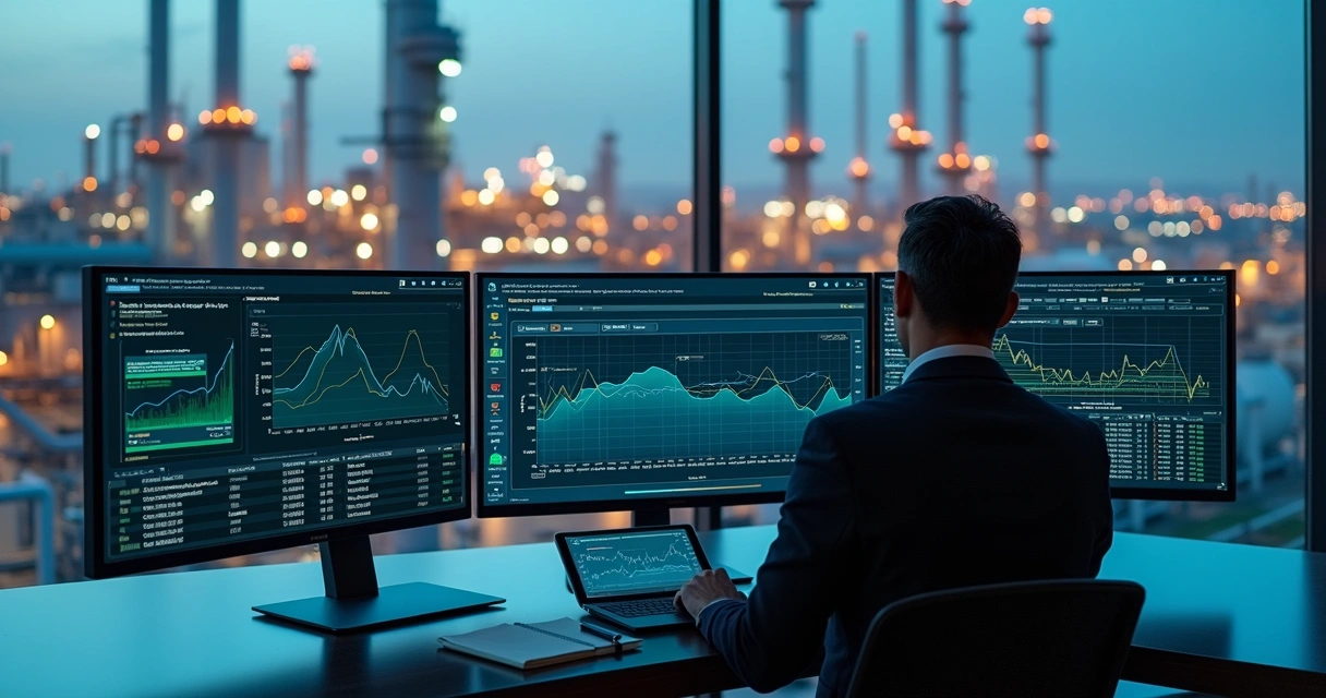 Industrial CFO reviewing scenario analysis dashboard for hedging decisions 