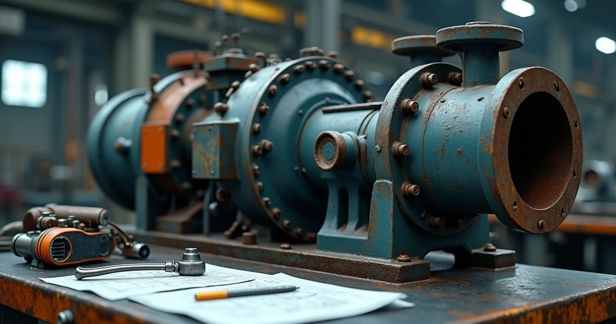 Close-up of an industrial pump with visible signs of wear and failure, surrounded by maintenance tools and diagnostic reports 