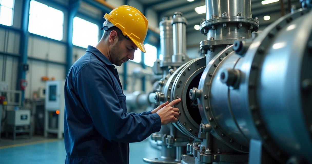 Technician inspecting industrial pump system 