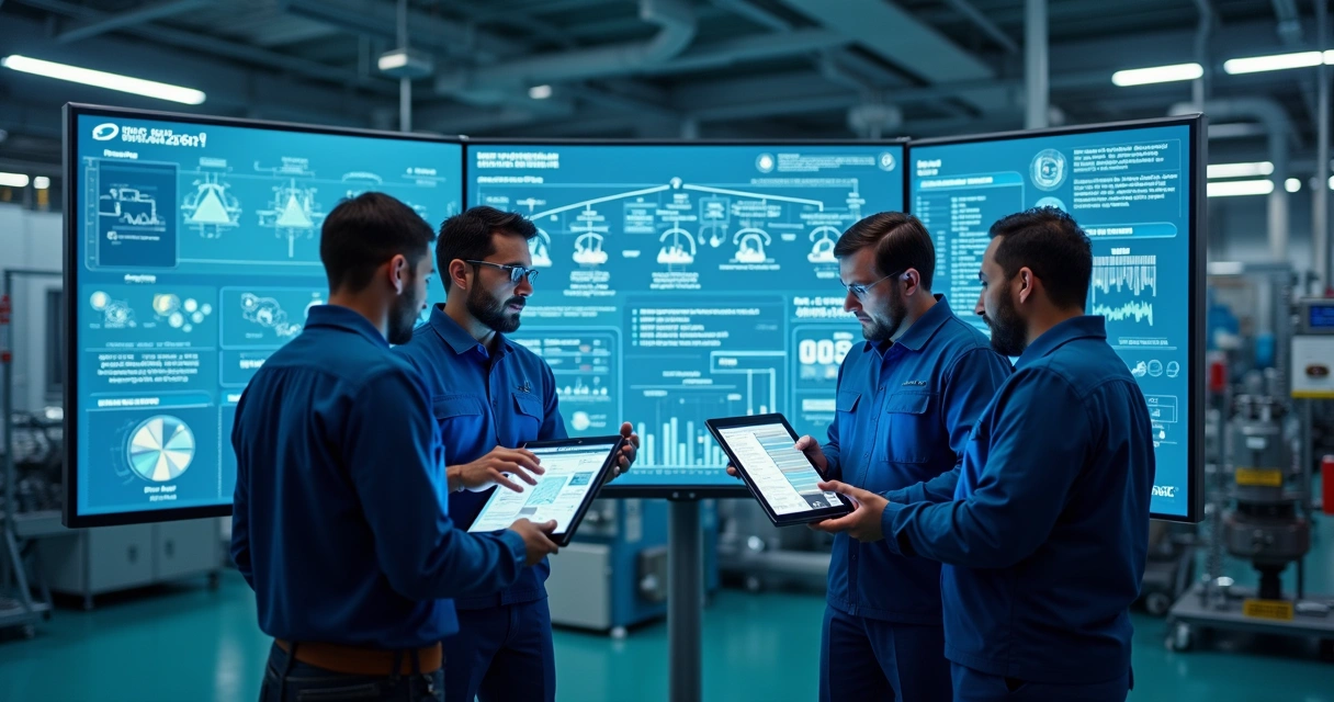 Industrial maintenance team analyzing equipment failure using digital tablets and charts in a high-tech control room 