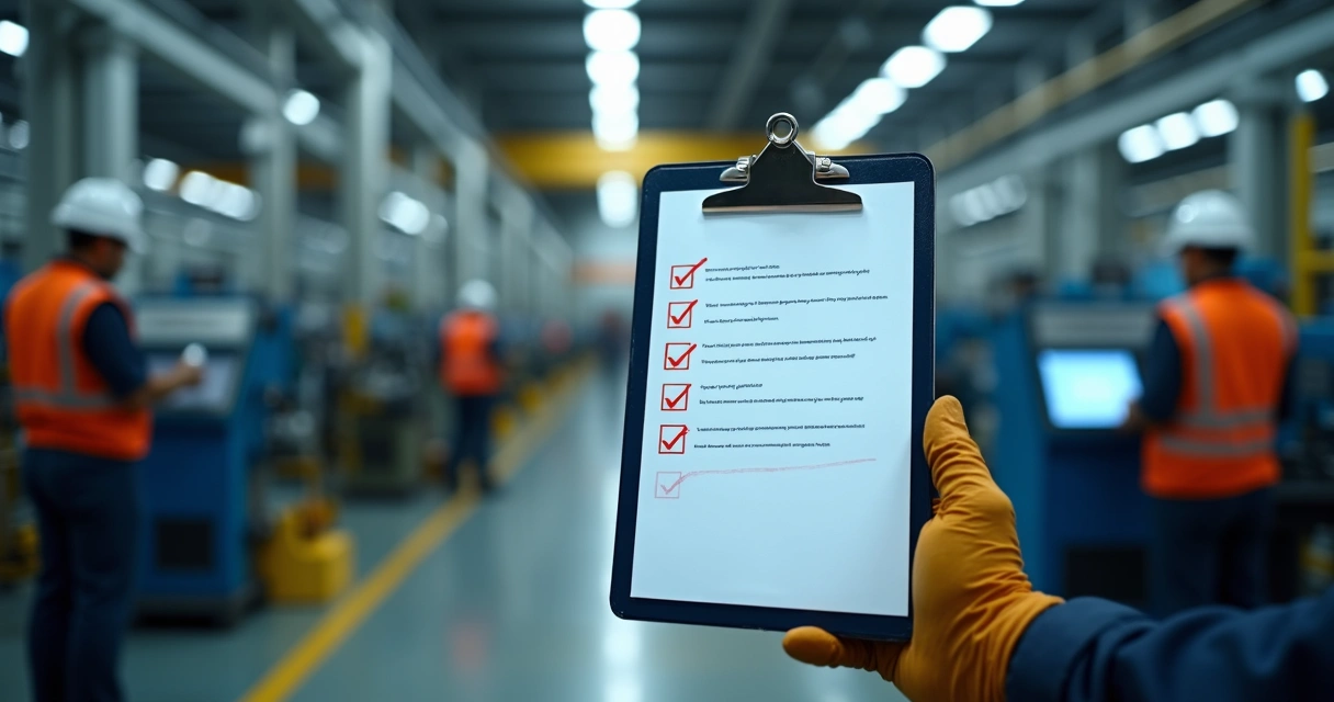 Industrial checklist on clipboard with machinery and plant background 
