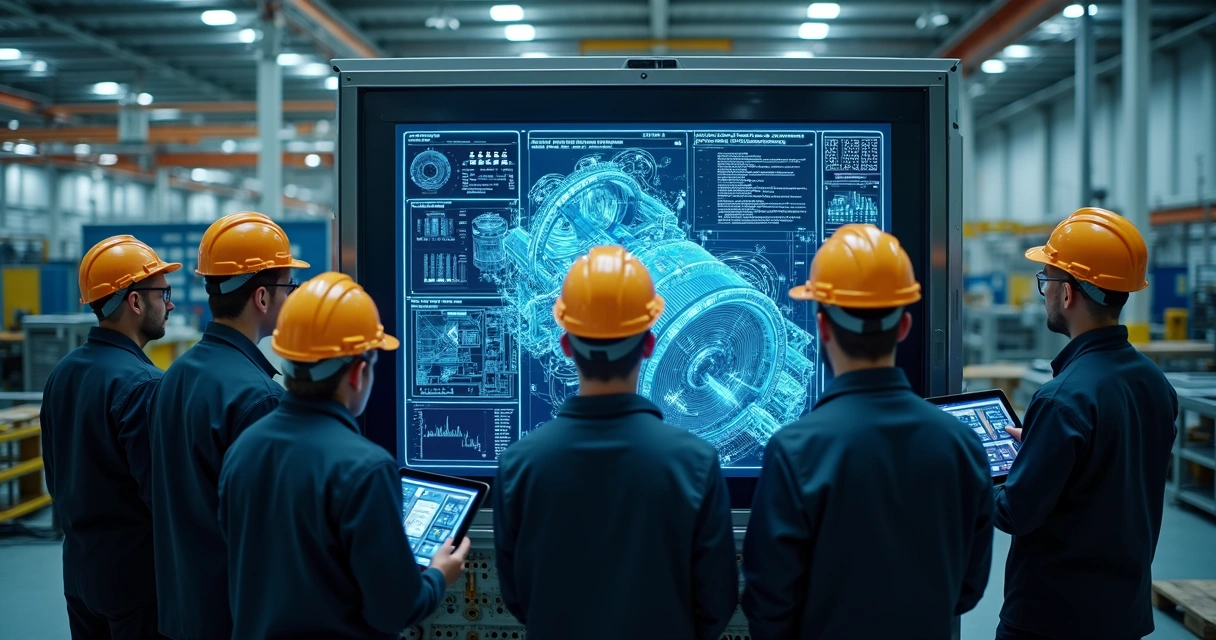 Industrial maintenance team using digital tablets to diagnose equipment with AI 