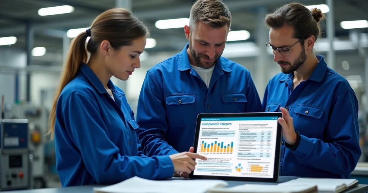 Industrial maintenance team reviewing a digital compliance report on a tablet 