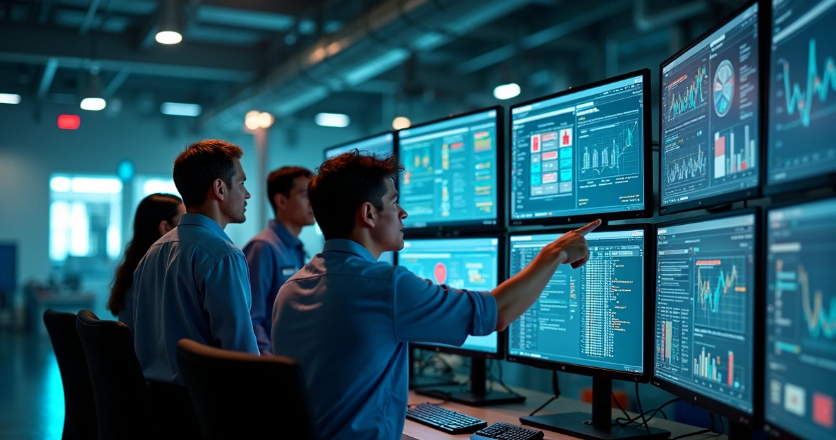 Industrial maintenance team using AI-powered root cause analysis on computer screens with data visuals and charts 