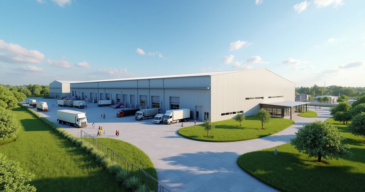 Planta industrial moderna em Paulínia com caminhões e galpões 