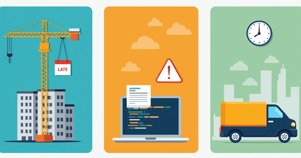 Illustration comparing penalty clause use in construction, software, and logistics