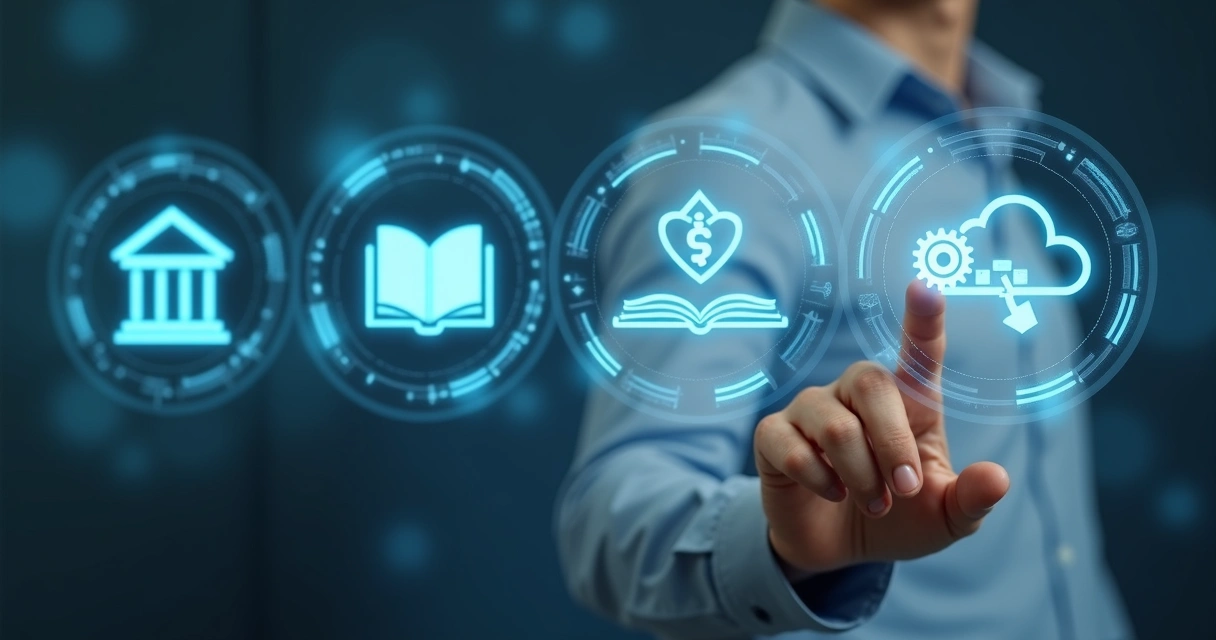 Icons for fintech, education, health, and SaaS on a digital interface 