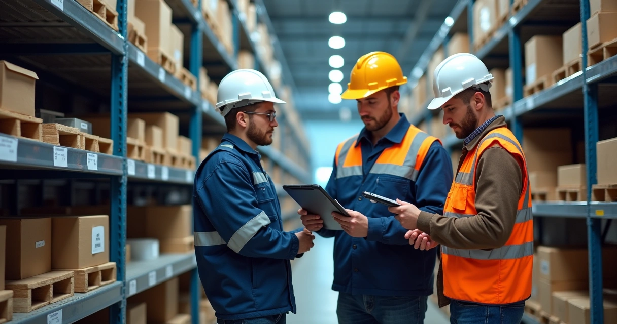Maintenance team checking inventory on digital tablets 