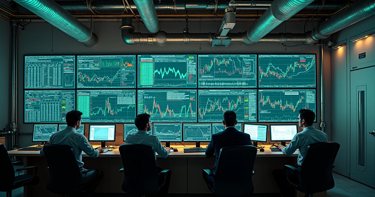 Team monitoring unified treasury system in industrial control room 