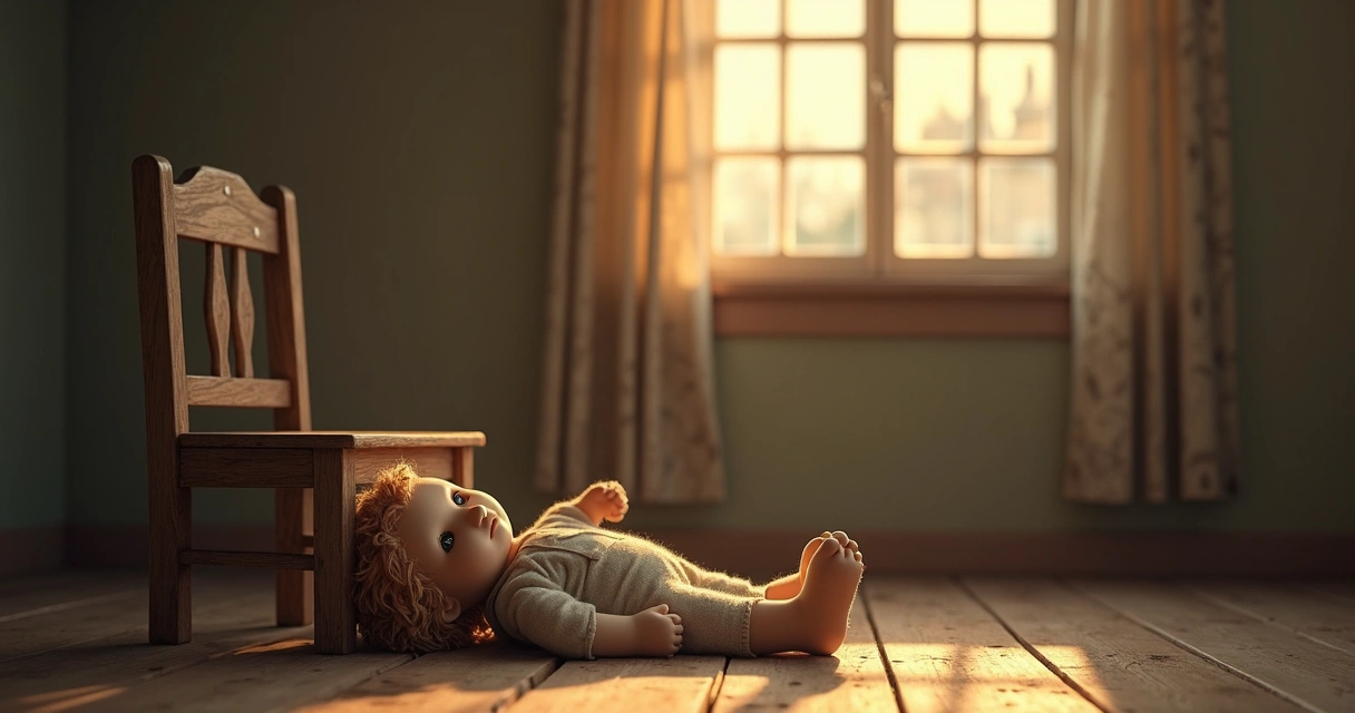 Boneca caída ao lado de uma cadeira infantil desgastada, iluminada por uma luz suave de final de tarde. 