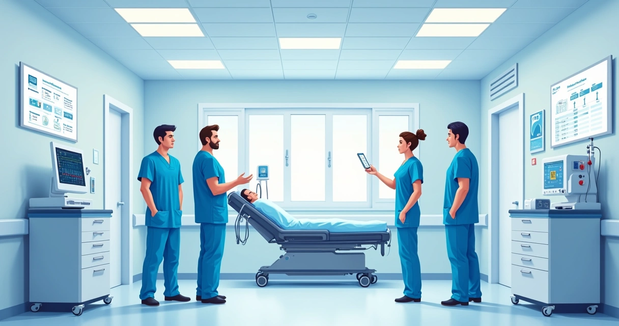 Equipe médica em unidade de diálise analisando protocolos de segurança 