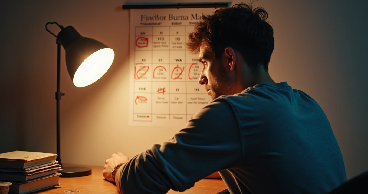 Pessoa olhando pensativa para o calendário com datas marcadas pouco antes do aniversário. 