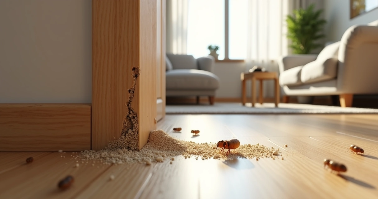 Cupins saindo de buracos na madeira em sala de estar residencial 