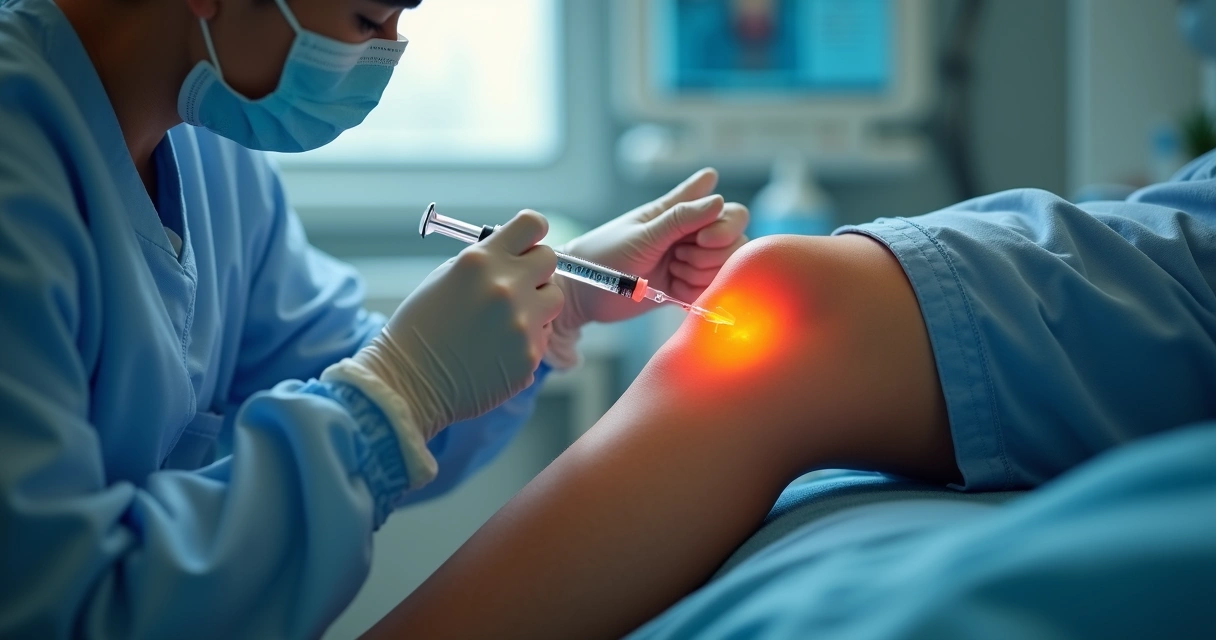 Profissional de saúde aplicando infiltração em articulação do joelho 