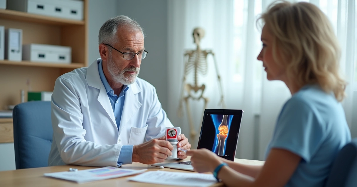 Médico explicando infiltração articular a paciente usando modelo de joelho 