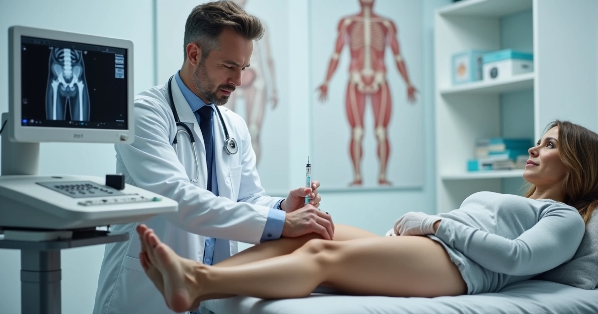 Ortopedista realizando infiltração articular guiada por ultrassom no joelho de paciente 