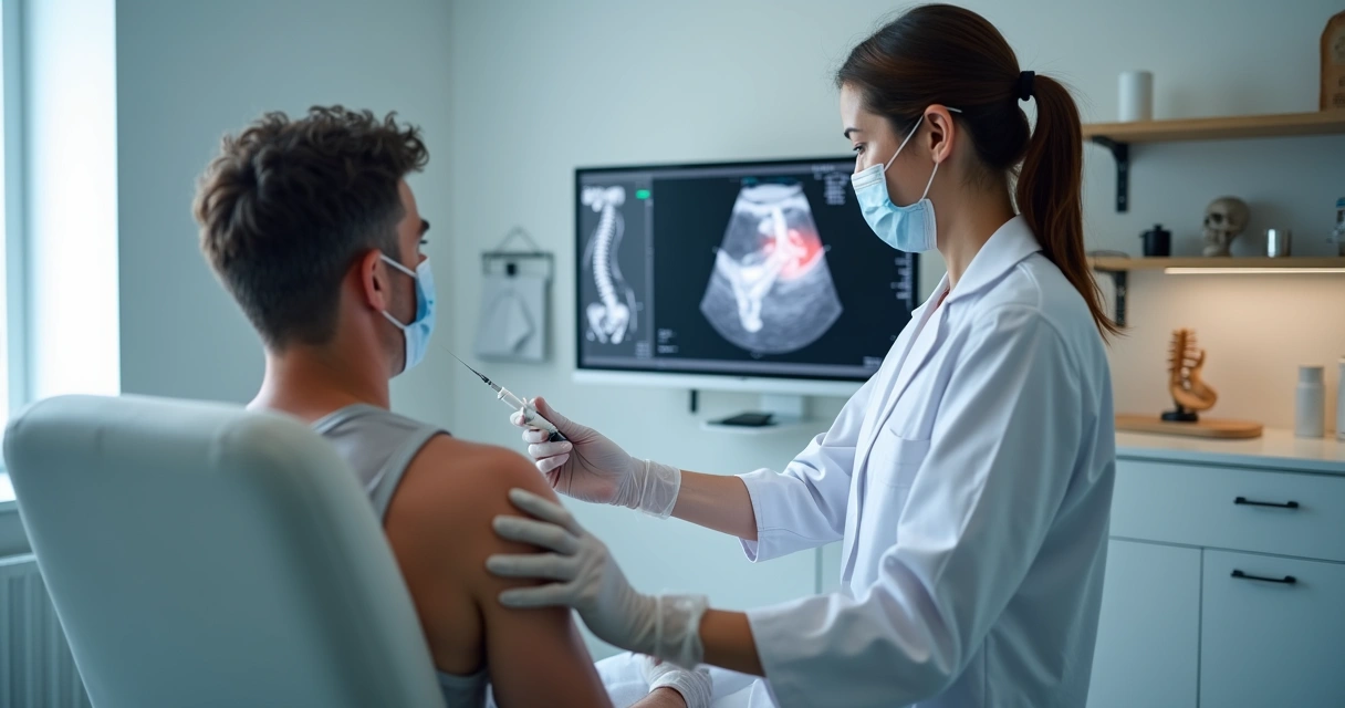 Aplicação de infiltração com corticoide guiada por ultrassom no ombro de paciente 