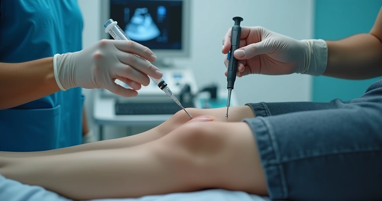 Médico realizando infiltração guiada por ultrassom em joelho 