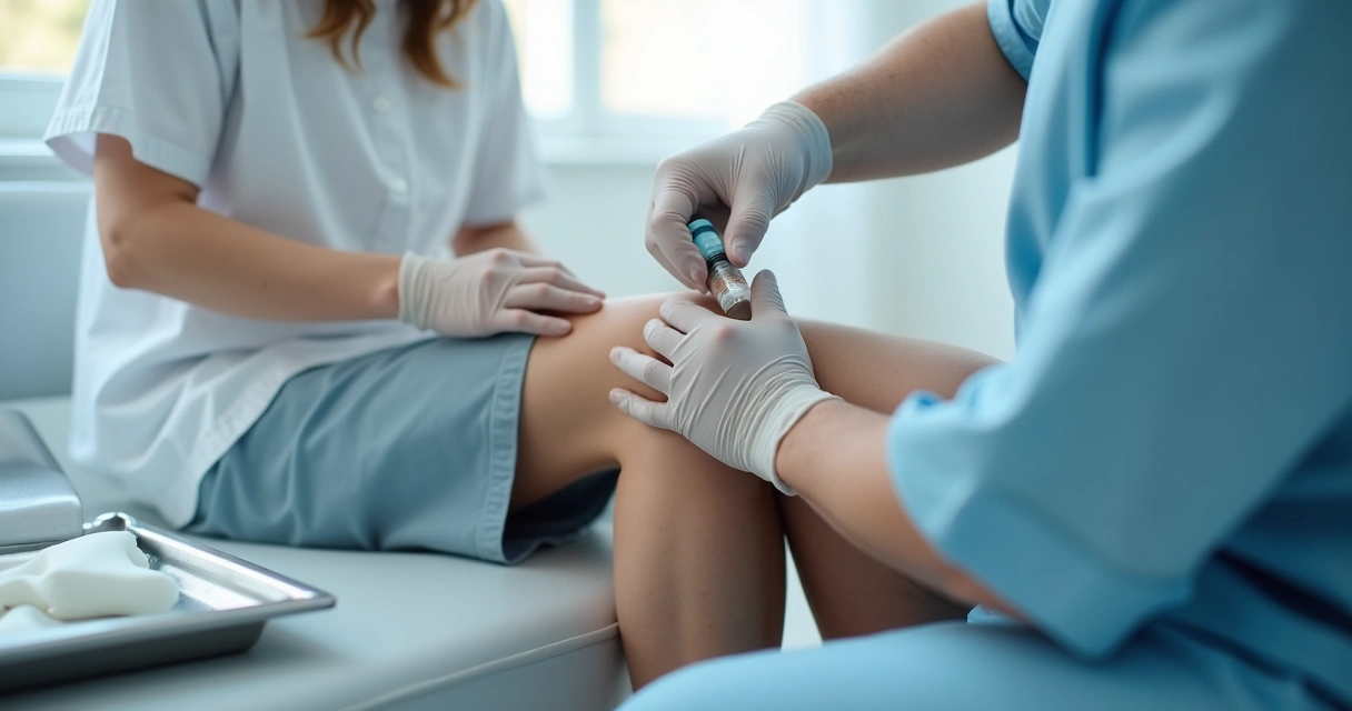 Aplicação no joelho em consultório médico 