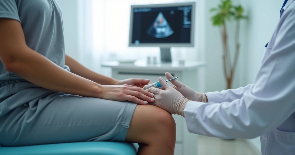 Aplicação no joelho em consultório ortopédico 