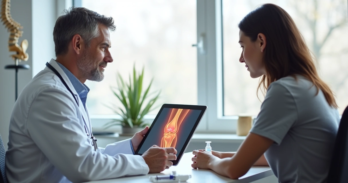 Médico ortopedista mostrando em tablet opção de infiltração para paciente em consultório 