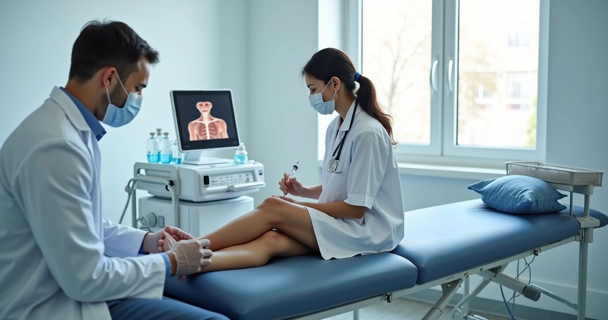 Médico ortopedista realizando infiltração no joelho de paciente em consultório moderno 